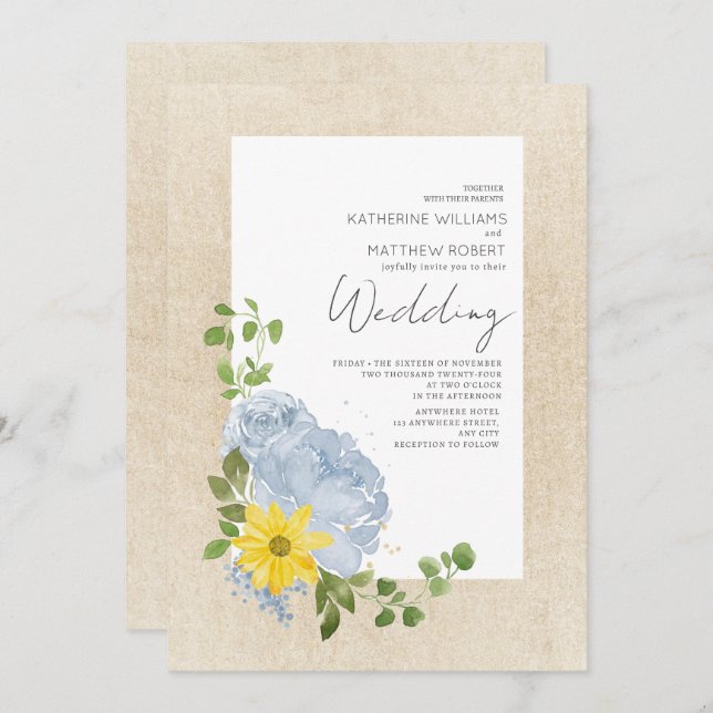 Invitation Mariage moderne Dusty Blue Sunflower Floral Boho (Devant / Derrière)