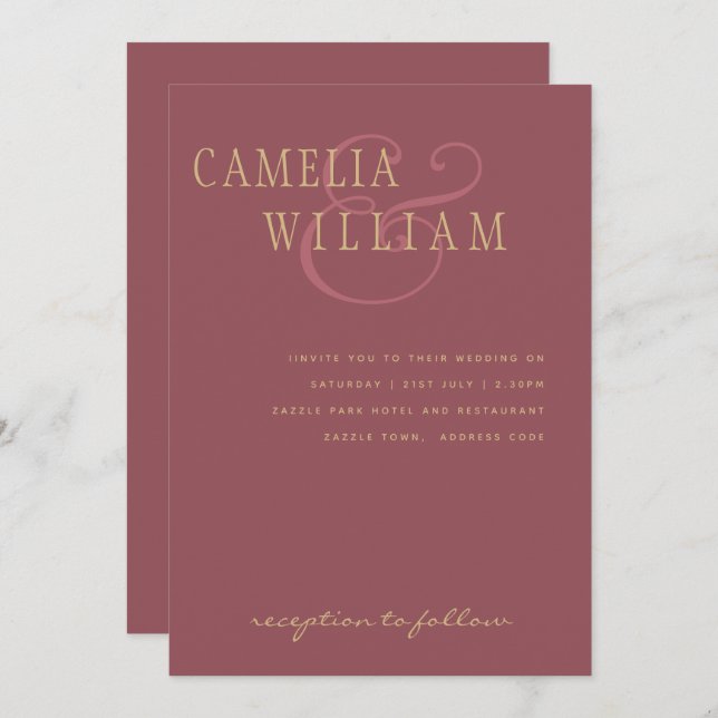 Invitation Mariage moderne Dusty Rose rose or (Devant / Derrière)