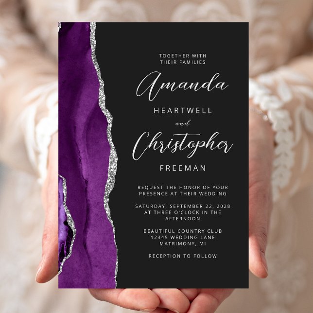 Invitation Mariage Moderne Écriture Agate Argent Violet (Créateur téléchargé)