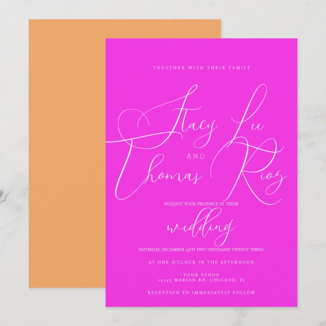 Invitation Mariage Moderne Écriture Jolie Rose Orange (Devant / Derrière)