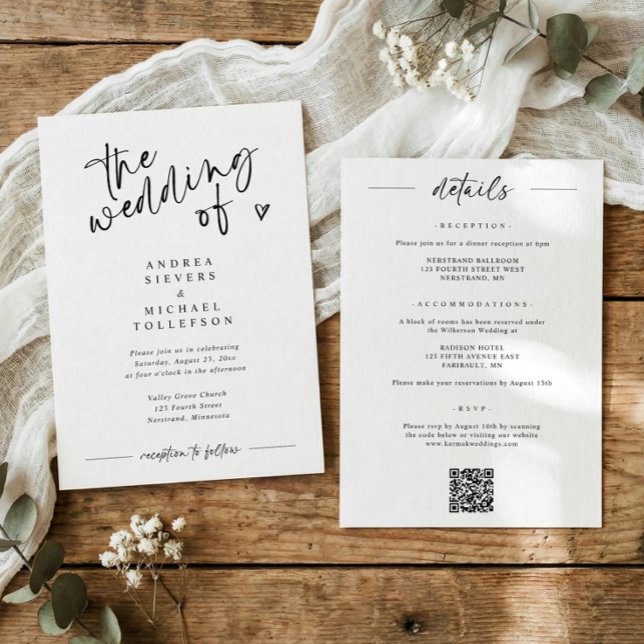 Invitation Mariage Moderne Écriture Manuscrite Noir & Blanc (Modern black and white wedding invitation with “the wedding of” in fun handwritten script)
