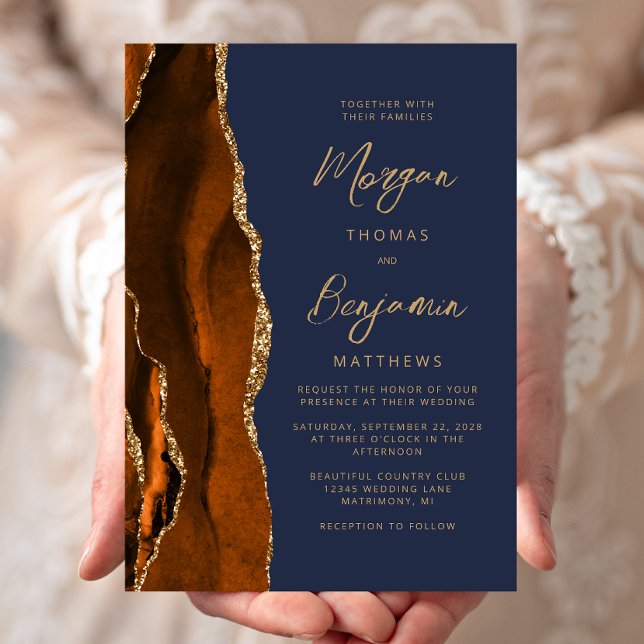 Invitation Mariage Moderne Écriture Orange Brûlé Agate Bleu N (Créateur téléchargé)
