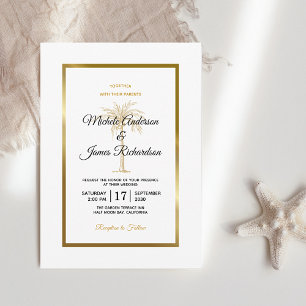 Invitation Mariage Moderne Élégant Arbre à Palmes Blanc Or No