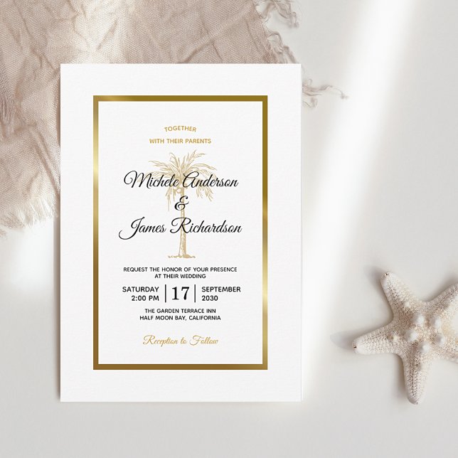 Invitation Mariage Moderne Élégant Arbre à Palmes Blanc Or No (Créateur téléchargé)