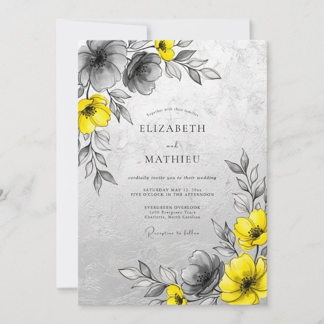 Invitation Mariage Moderne Élégant au Charbon Jaune (Devant)