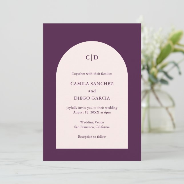 Invitation Mariage Moderne Élégant avec Arche Violette (Debout devant)