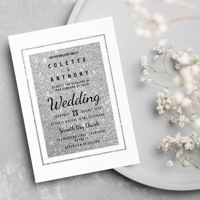 Invitation Mariage moderne élégant blanc argent parties scint (Modern elegant white silver glitter Wedding )