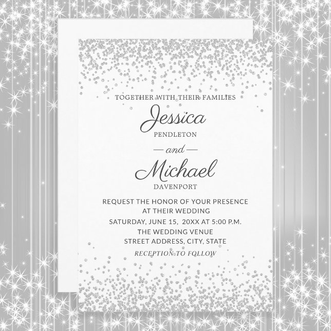 Invitation Mariage Moderne Élégant Blanc Paillettes Argentées (White with silver glitter wedding invitation)