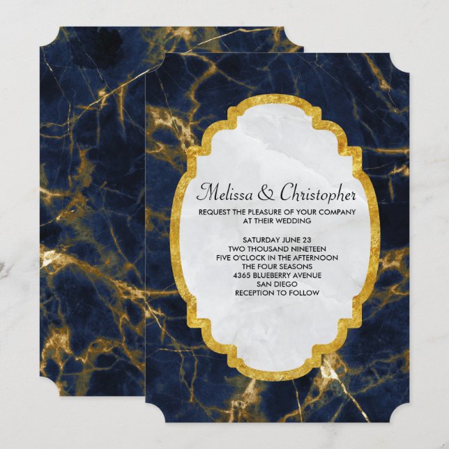 Invitation Mariage Moderne Élégant Bleu Nuit et Or (Devant / Derrière)
