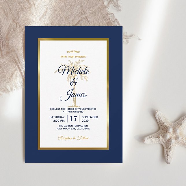 Invitation Mariage Moderne Élégant Bleu Nuit Or Palmier (Créateur téléchargé)