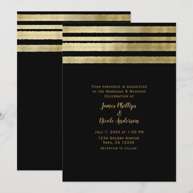 Invitation Mariage Moderne Élégant Chic Or et Noir (Devant / Derrière)