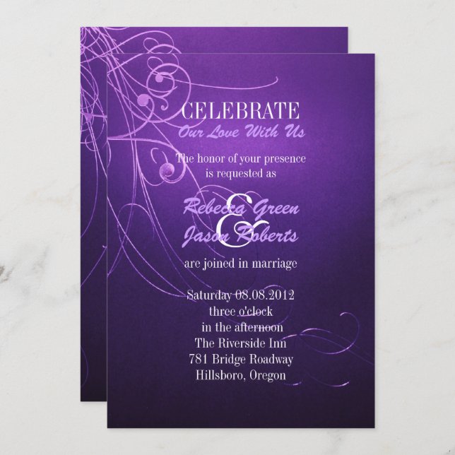 Invitation mariage moderne élégant chic tourbillons violet vi (Devant / Derrière)