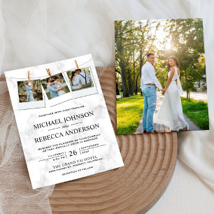 Invitation Mariage Moderne Élégant Collage Photo en Marbre Bl