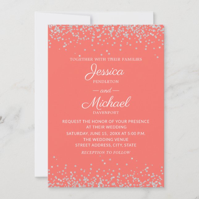 Invitation Mariage Moderne Élégant Corail Paillettes Argentée (Devant)