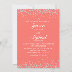 Invitation Mariage Moderne Élégant Corail Paillettes Argentée