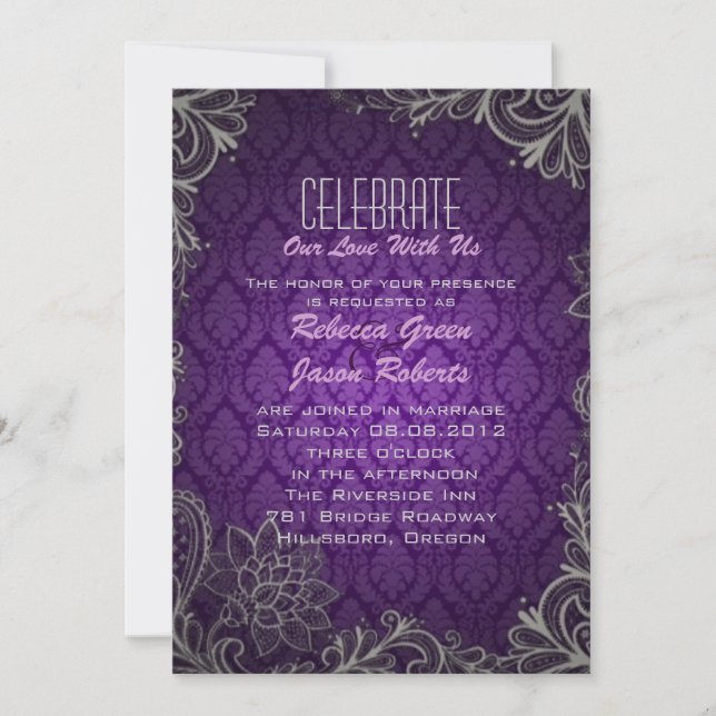 Invitation mariage moderne élégant damas violet (Devant)