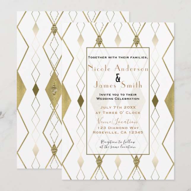 Invitation Mariage Moderne Élégant Diamant Blanc & Or (Devant / Derrière)