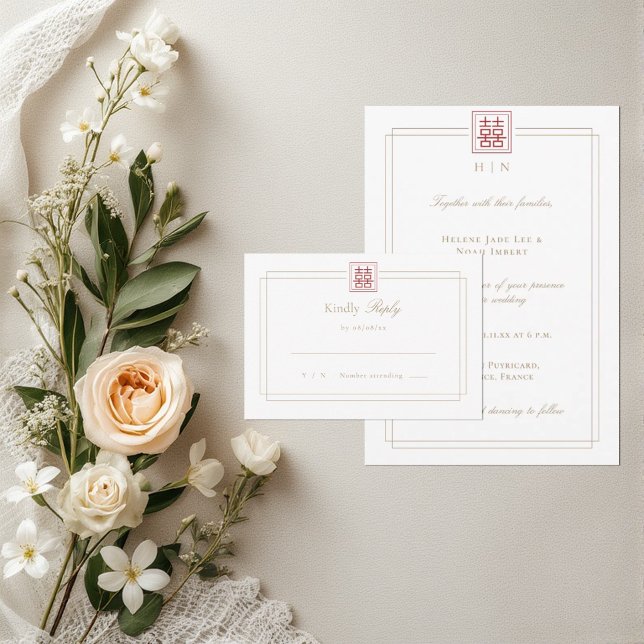 Invitation Mariage moderne élégant Double Bonheur RSVP  (Créateur téléchargé)