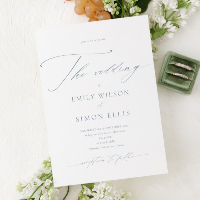 Invitation Mariage Moderne Élégant Écriture Bleu Poussiéreux (dusty blue dainty script wedding invitation, elegant blue wedding invite, simple modern minimalist)
