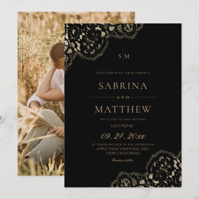 Invitation Mariage Moderne & Élégant en Dentelle Noire  (Devant / Derrière)