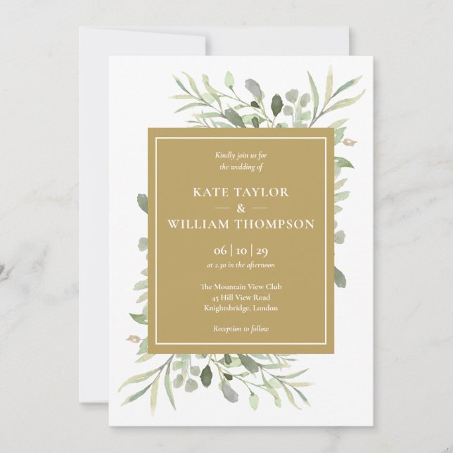 Invitation Mariage Moderne Élégant Feuillage de Verdure en Or (Devant)