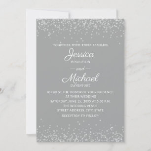 Invitation Mariage Moderne Élégant Gris et Paillettes Argenté