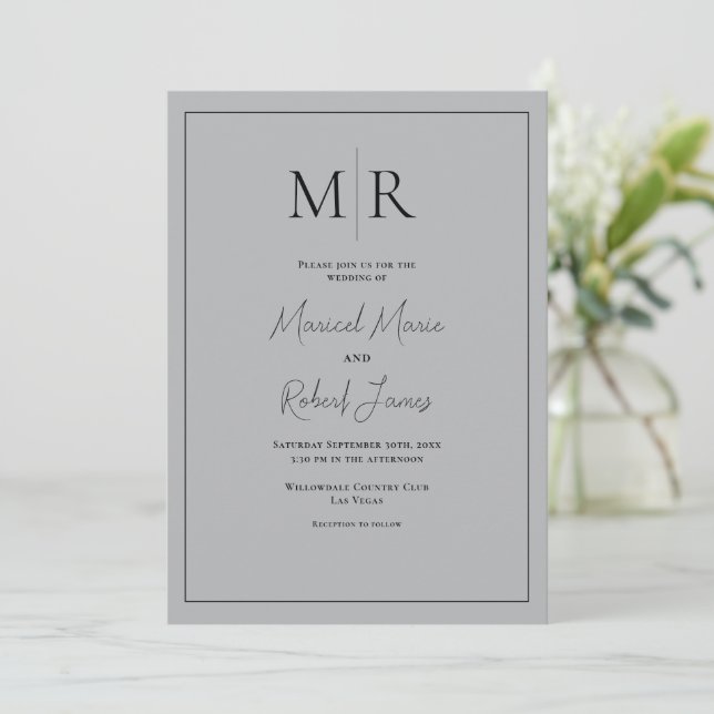 Invitation Mariage Moderne Élégant Gris Monogramme (Debout devant)