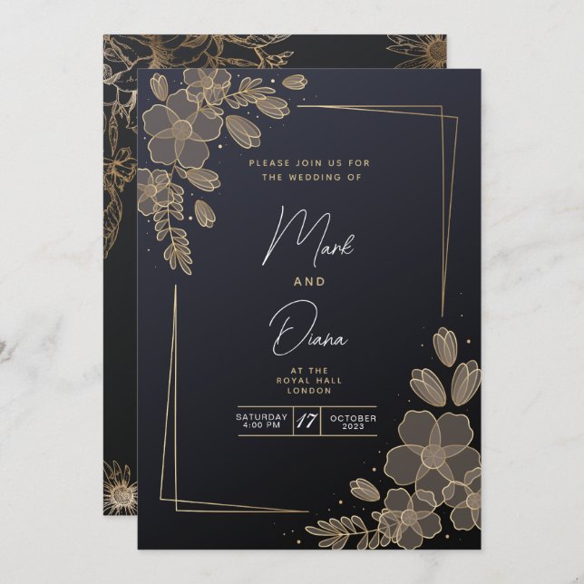 Invitation Mariage moderne élégant noir et or (Devant / Derrière)