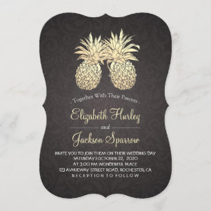 Invitation Mariage moderne Élégant Noir Or Ananas Couple