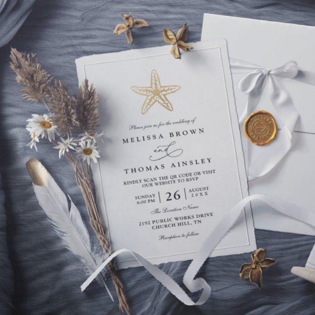 Invitation Mariage Moderne Élégant Or Coquillage Simple Class (Créateur téléchargé)