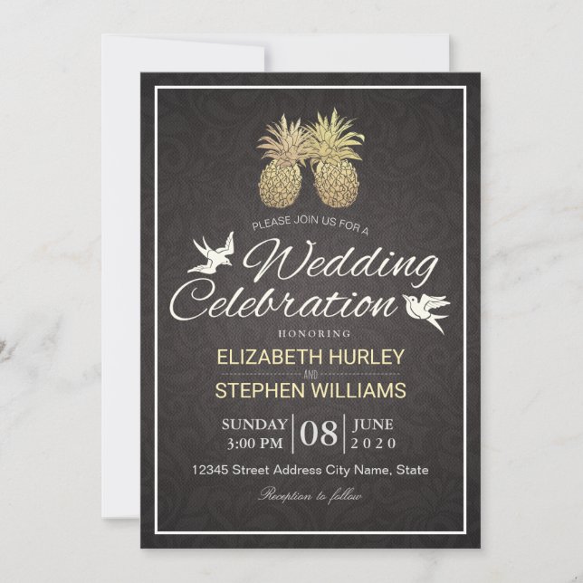 Invitation Mariage moderne Élégant Or Huile d'ananas Couple (Devant)