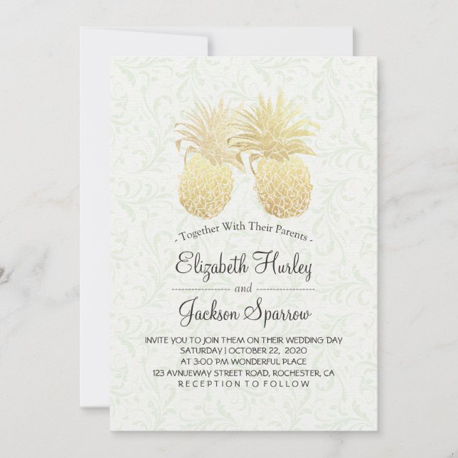 Invitation Mariage moderne Élégant Or Huile d'ananas Couple (Devant)