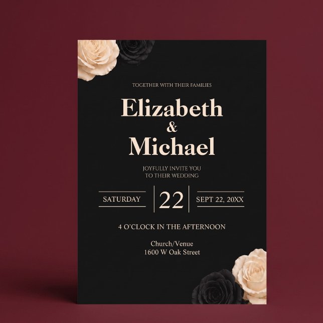 Invitation Mariage Moderne Élégant Rose d'Ivoire Noir (Créateur téléchargé)