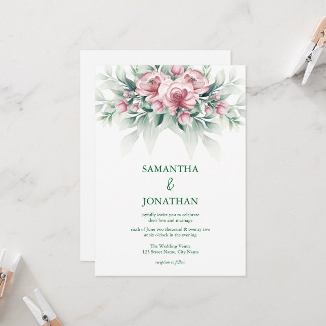Invitation Mariage Moderne Élégant Rose et Vert (Devant/Arrière en situation)