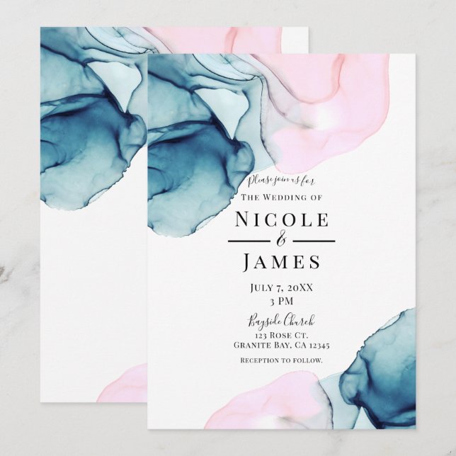 Invitation Mariage Moderne Élégant Rose Teal Éthéré Encre (Devant / Derrière)