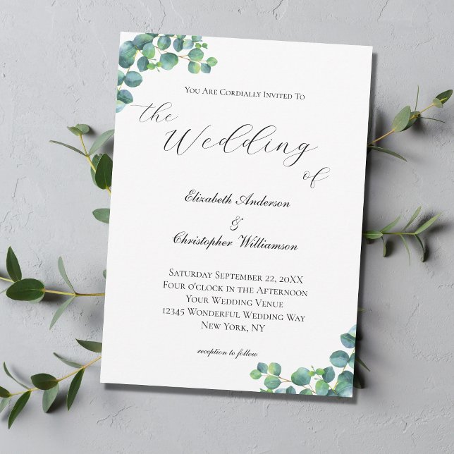 Invitation Mariage Moderne Élégant Script Botanique Eucalyptu (Créateur téléchargé)