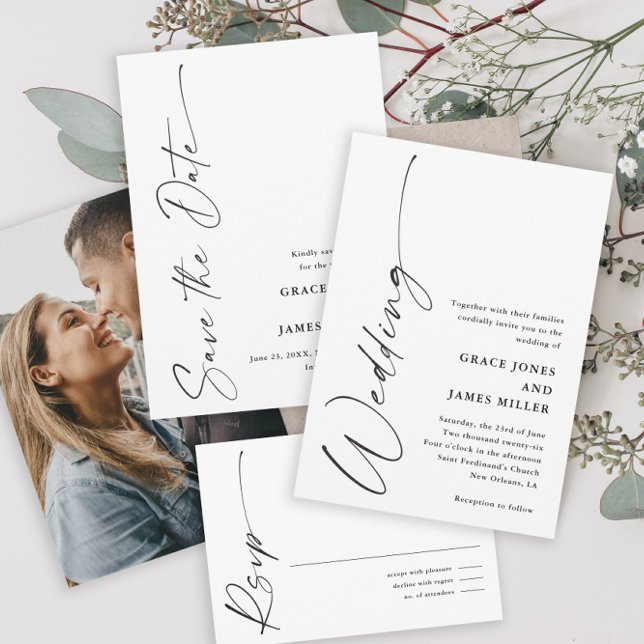Invitation Mariage Moderne Élégant Script Noir et Blanc (Créateur téléchargé)