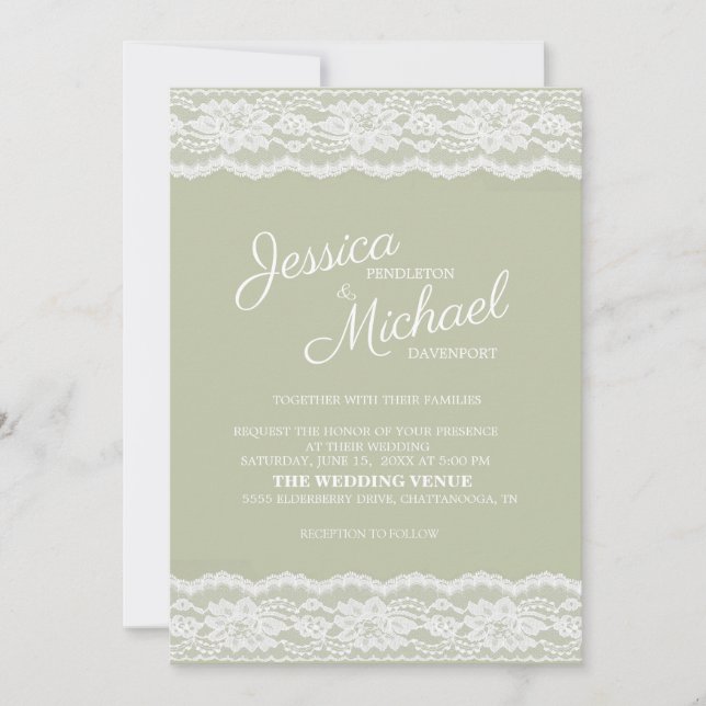 Invitation Mariage Moderne Élégant Vert Sauge Blanc Dentelle (Devant)