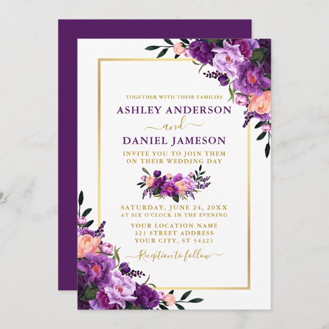 Invitation Mariage moderne élégant violet Floral or (Devant / Derrière)