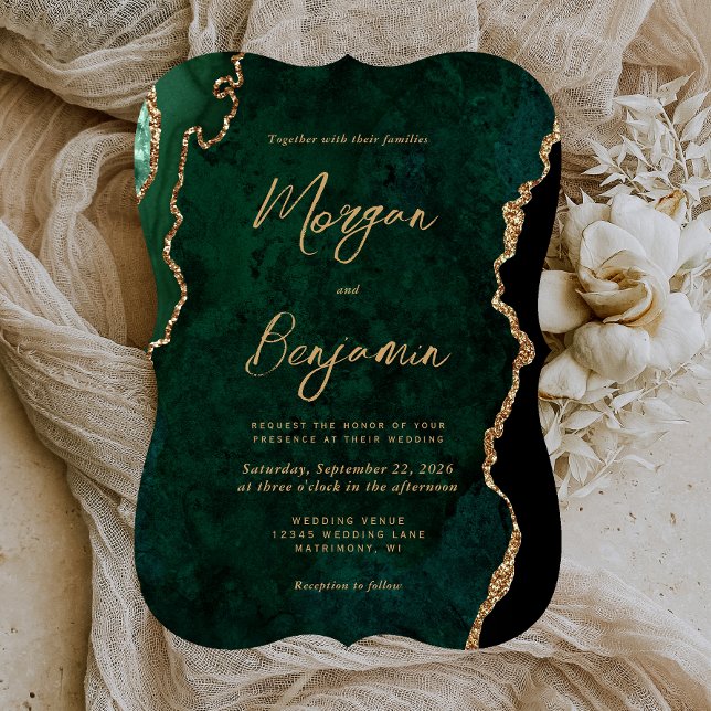 Invitation Mariage moderne Emerald Green Agate Script (Créateur téléchargé)