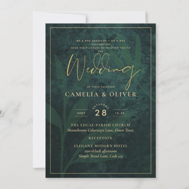 Invitation Mariage Moderne Émeraude Or Héritage Feuillu (Devant)