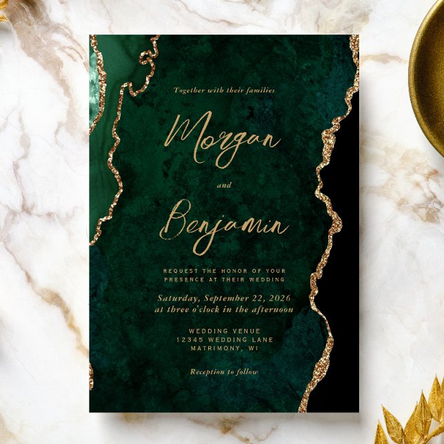 Invitation Mariage Moderne Émeraude Vert Agate Script (An ideal choice for an emerald green and gold themed wedding.)