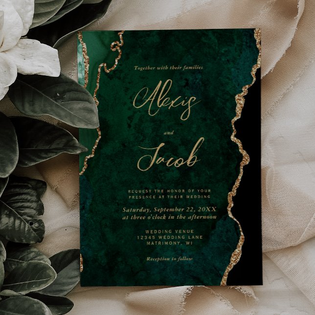 Invitation Mariage Moderne Émeraude Vert Agate Script (Créateur téléchargé)