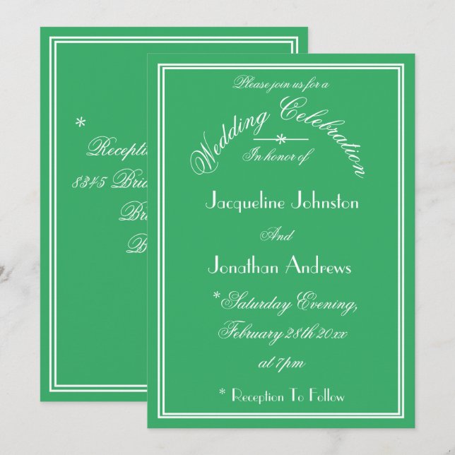 Invitation Mariage Moderne Émeraude Vert Blanc Noms Détails (Devant / Derrière)