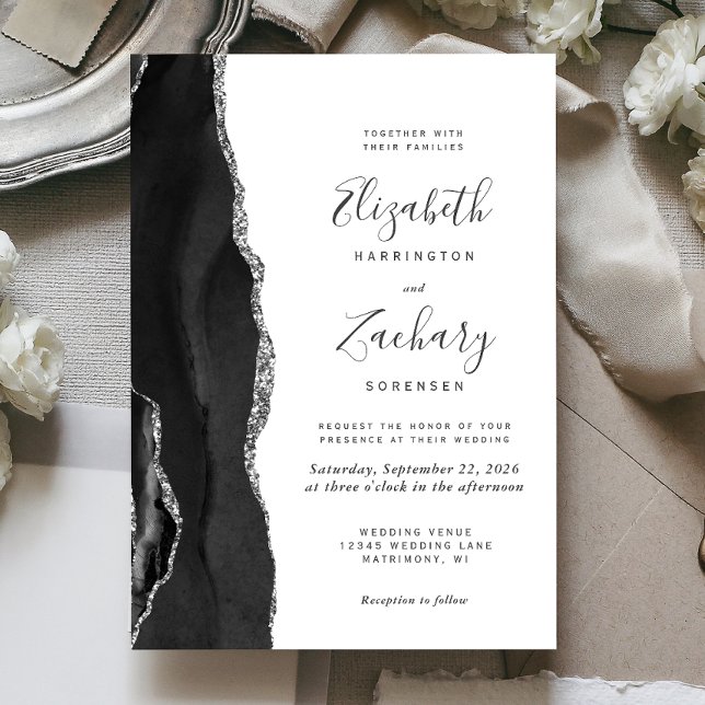 Invitation Mariage Moderne en Agate Noir Argent (Créateur téléchargé)