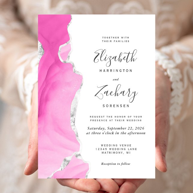 Invitation Mariage Moderne en Agate Rose Argent (Créateur téléchargé)