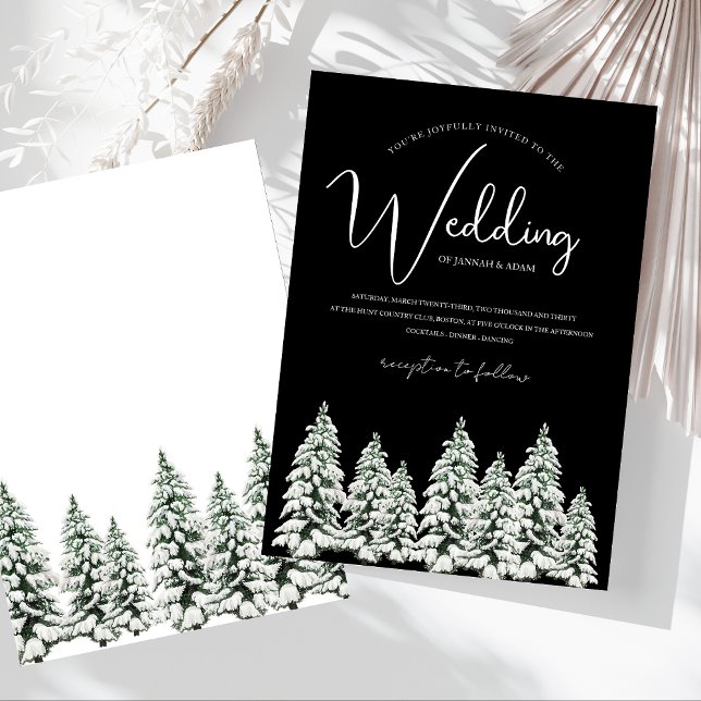 Invitation Mariage moderne en forêt de pins enneigée noire (Winter Black and White Snowy Pine Trees Wedding Invitation)