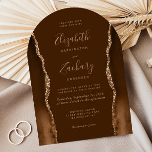 Invitation Mariage Moderne en Forme d'Arche en Agate Brun Dor