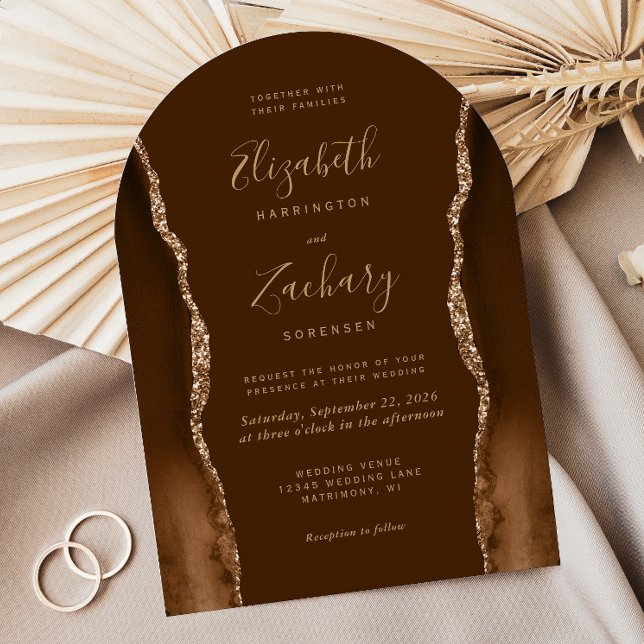 Invitation Mariage Moderne en Forme d'Arche en Agate Brun Dor (Créateur téléchargé)