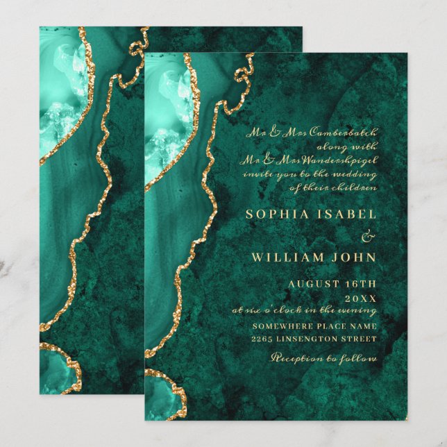Invitation Mariage Moderne en Marbre d'Agate Vert Doré (Devant / Derrière)